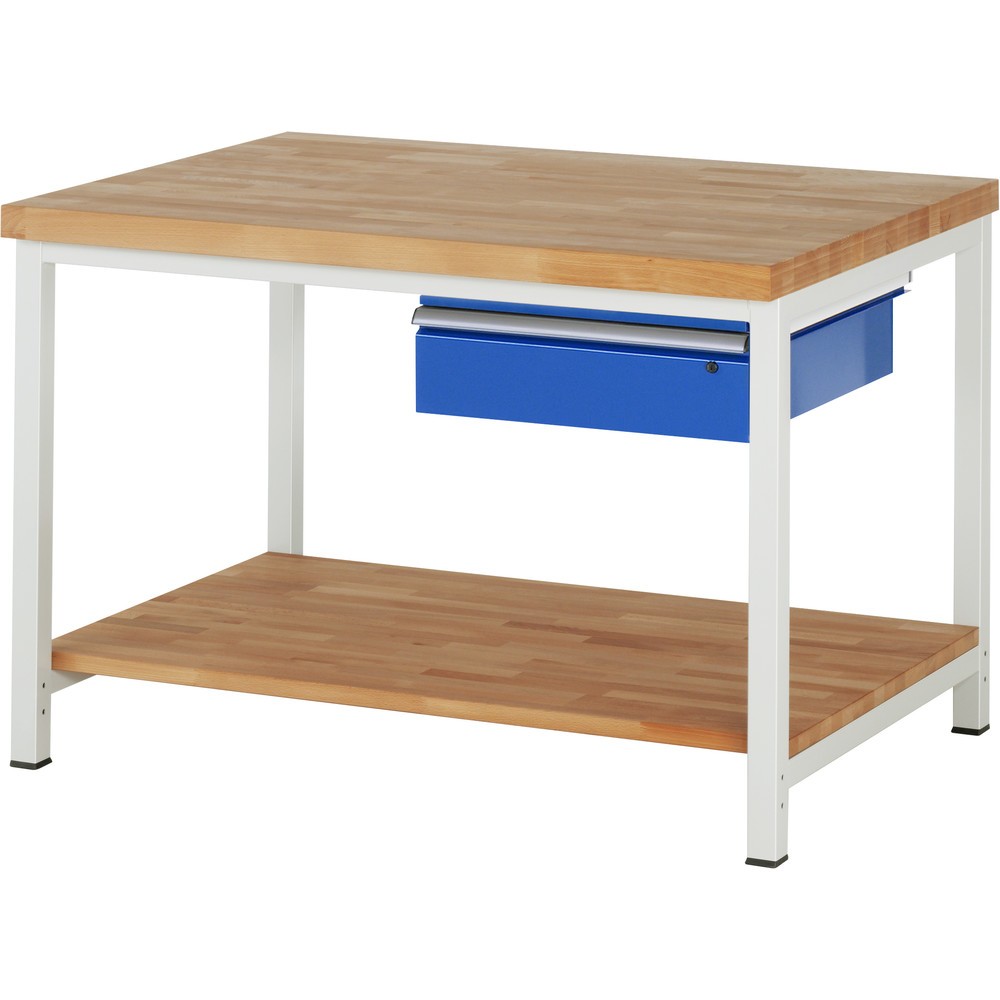 Produktabbildung: RAU Werkbank Serie 8000, HxBxT 840-1.040 x 1.250 x 900 mm, 1 Schublade, 1 Buche-Massiv-Ablageboden