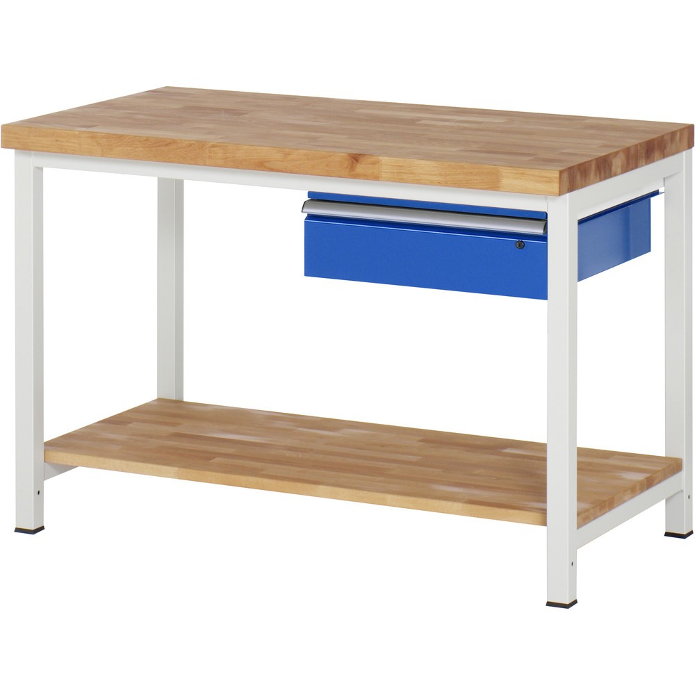 Produktabbildung: RAU Werkbank Serie 8000, HxBxT 840-1.040 x 1.250 x 700 mm, 1 Schublade, 1 Buche-Massiv-Ablageboden