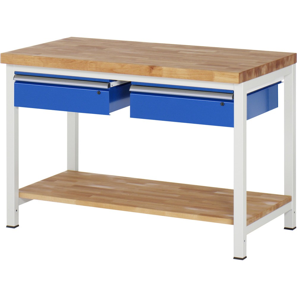 Produktabbildung Nr. 1: RAU Werkbank Serie 8000, HxBxT 840-1.040 x 1.250 x 700 mm, 2 Schubladen, 1 Buche-Massiv-Ablageboden
