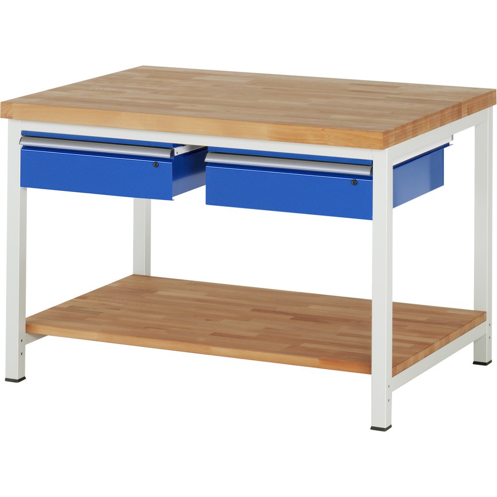 Produktabbildung: RAU Werkbank Serie 8000, HxBxT 840-1.040 x 1.250 x 900 mm, 2 Schubladen, 1 Buche-Massiv-Ablageboden