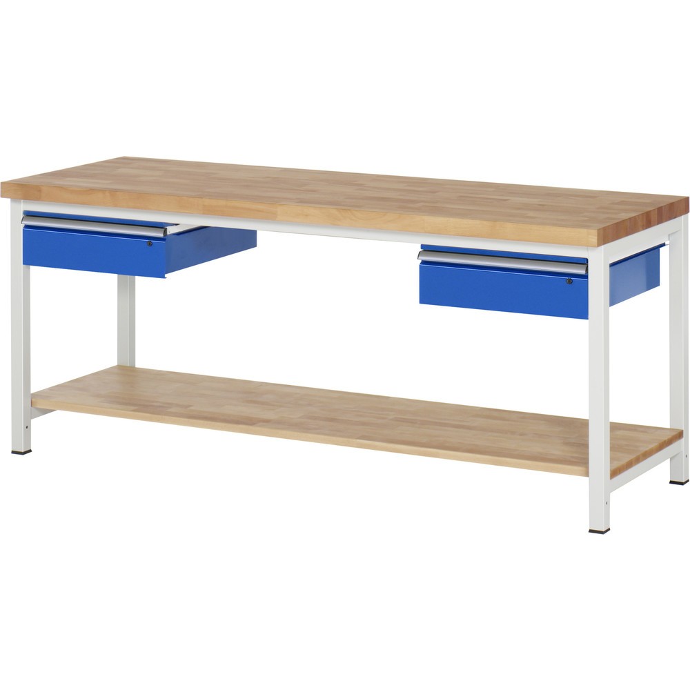 Produktabbildung: RAU Werkbank Serie 8000, HxBxT 840-1.040 x 2.000 x 700 mm, 2 Schubladen, 1 Buche-Massiv-Ablageboden