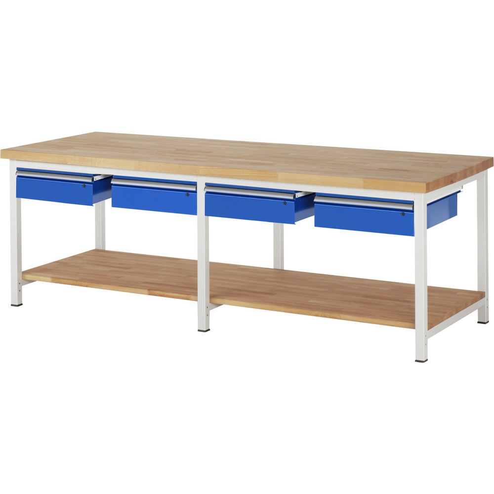 RAU Werkbank Serie 8000, HxBxT 840 x 2.500 x 900 mm, 4 Schubladen, 1 Buche-Massiv-Ablageboden Tiefe 757 mm Produktabbildung: RAU Werkbank Serie 8000, HxBxT 840 x 2.500 x 900 mm, 4 Schubladen, 1 Buche-Massiv-Ablageboden Tiefe 757 mm