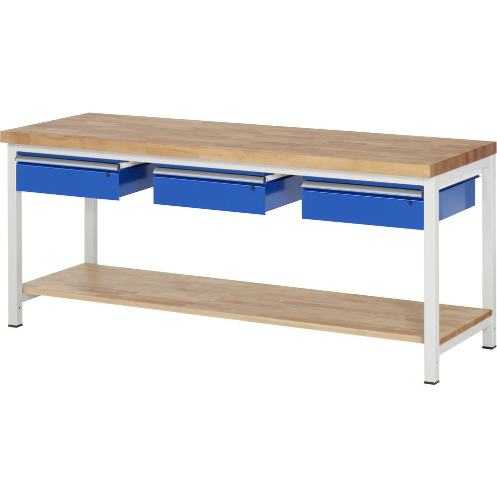 Produktabbildung: RAU Werkbank Serie 8000, HxBxT 840-1.040 x 2.000 x 700 mm, 3 Schubladen, 1 Buche-Massiv-Ablageboden