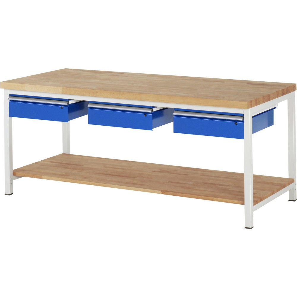 RAU Werkbank Serie 8000, HxBxT 840 x 2.000 x 900 mm, 3 Schubladen, 1 Buche-Massiv-Ablageboden mit Tiefe 757 mm Produktabbildung: RAU Werkbank Serie 8000, HxBxT 840 x 2.000 x 900 mm, 3 Schubladen, 1 Buche-Massiv-Ablageboden mit Tiefe 757 mm
