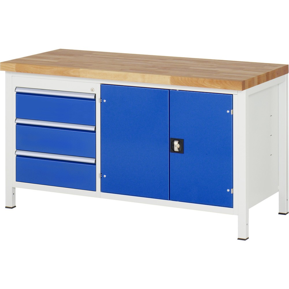 Produktabbildung: RAU Werkbank Serie 8000, 1 Doppel-Container, 1 Fachboden, 1 Doppel-Flügeltür, HxBxT 840-1.040 x 1.500 x 700 mm, 3 x 90%-Auszug-Schubladen