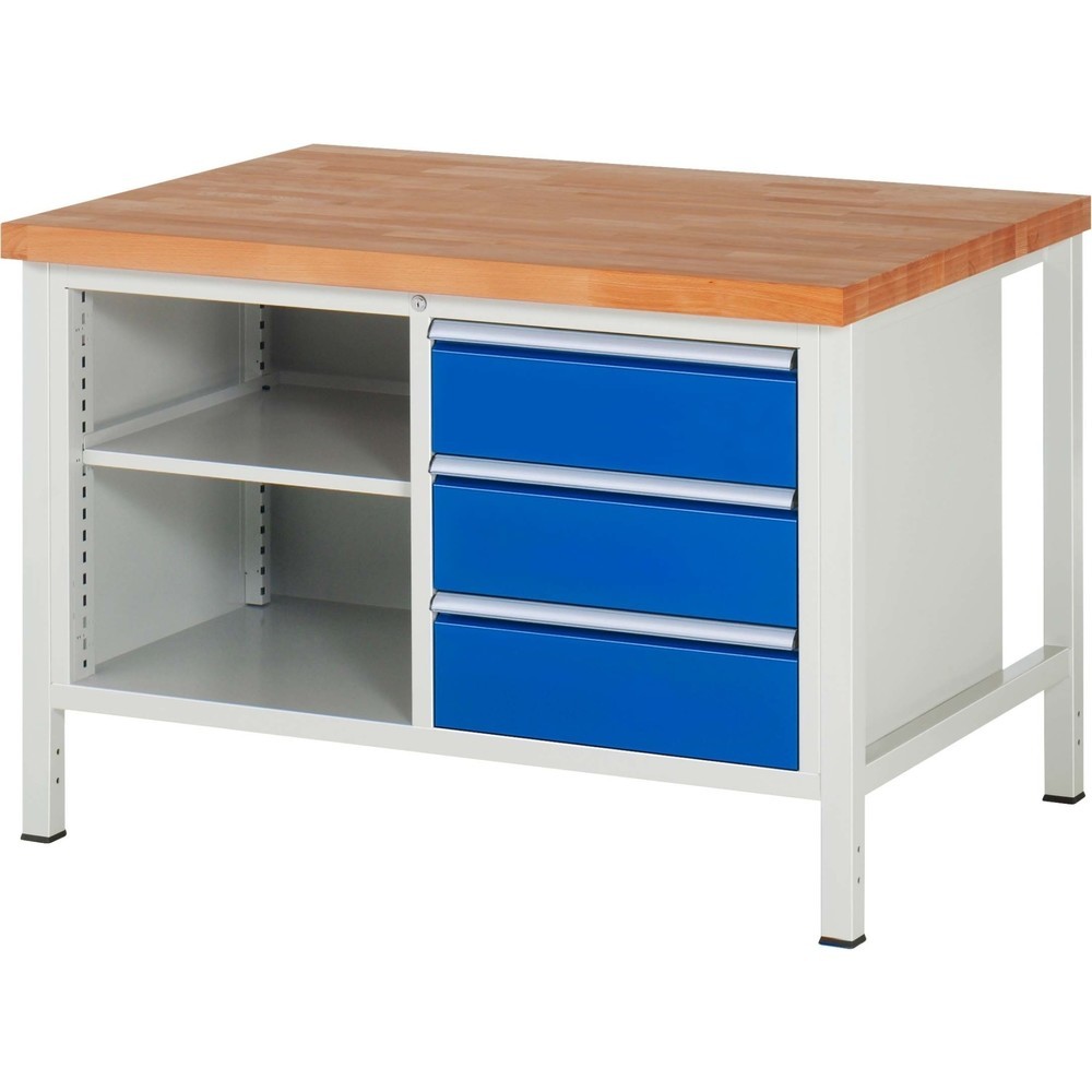 Produktabbildung Nr. 1: RAU Werkbank Serie 8000, 1 Doppel-Container, 1 Fachboden, HxBxT 840-1.040 x 1.250 x 900 mm, 3 x 90%-Auszug-Schubladen, ErgoScript
