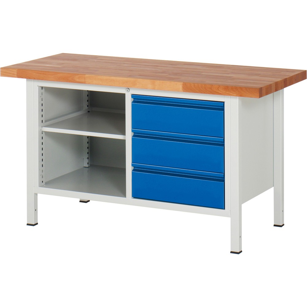 Produktabbildung Nr. 1: RAU Werkbank Serie 8000, 1 Doppel-Container, 1 Fachboden, HxBxT 840-1.040 x 1.500 x 700 mm, 3 x 90%-Auszug-Schubladen, Griffleiste