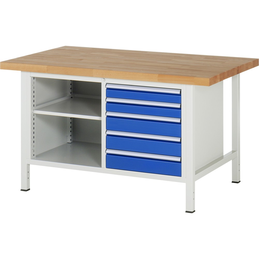 Produktabbildung Nr. 1: RAU Werkbank Serie 8000, 1 Doppel-Container, 1 Fachboden, HxBxT 840 x 1.500 x 900 mm, 5 x 90%-Auszug-Schubladen