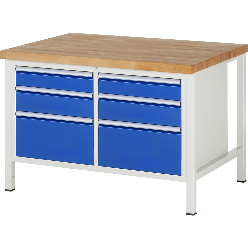 Produktabbildung Nr. 1: RAU Werkbank Serie 8000, 1 Doppel-Container, HxBxT 840 x 1.250 x 900 mm, 6 x 90%-Auszug-Schubladen 2 x 120, 2 x 150, 2 x 270 mm, Schubladen-TK 100 kg