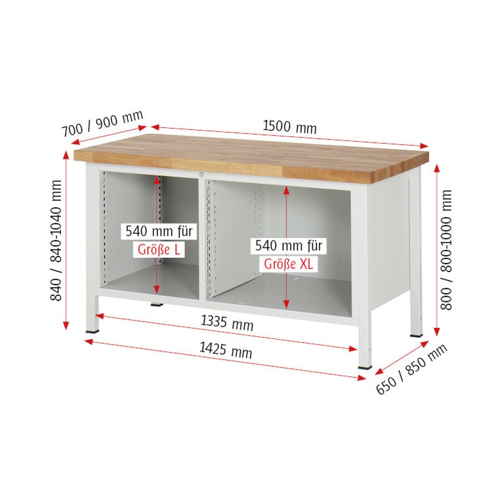 Produktabbildung Nr. 7: RAU Werkbank Serie 8000, 1 Doppel-Container, 1 Flügeltür, HxBxT 840-1.040 x 1.500 x 700 mm, 2 x 90%-Auszug-Schubladen
