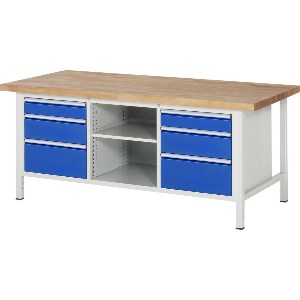 Produktabbildung Nr. 1: RAU Werkbank Serie 8000, 1 Dreifach-Container, 1 Fachboden, HxBxT 840-1.040 x 2.000 x 900 mm, 6 x 90%-Auszug-Schubladen, ErgoScript®