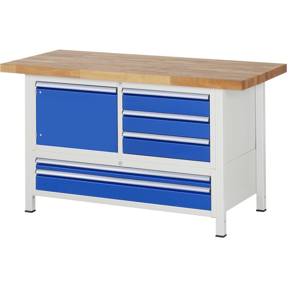 Produktabbildung Nr. 1: RAU Werkbank Serie 8000, 1 Dreifach-Container, 1 Flügeltür, HxBxT 840-1.040 x 1.500 x 700 mm, 5 x 100%-Auszug-Schubladen, 2 XXL unten