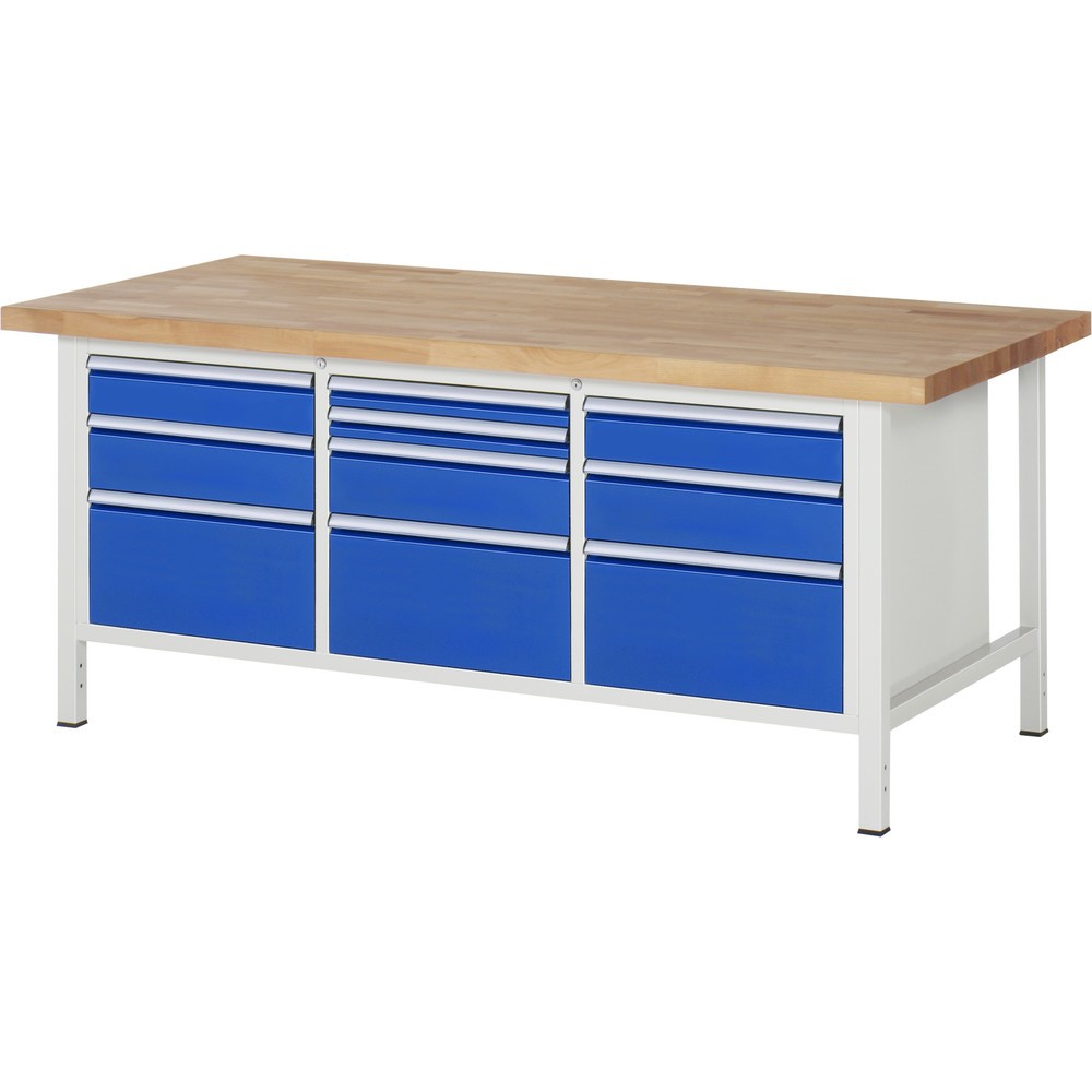 Produktabbildung: RAU Werkbank Serie 8000, 1 Dreifach-Container, HxBxT 840-1.040 x 2.000 x 900 mm, 10 x 90%-Auszug-Schubladen 2 x 60, 2 x 120, 3 x 150, 3 x 270 mm, Schubladen-TK 100 kg