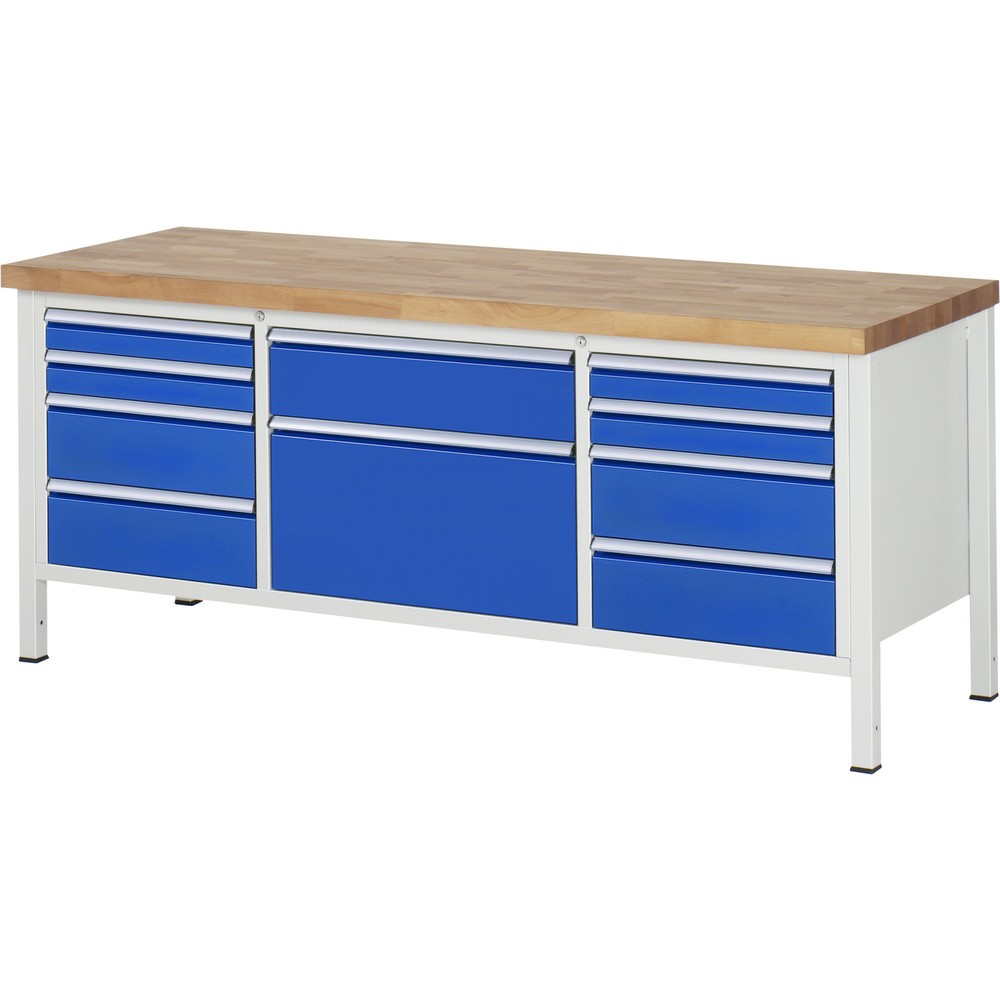 Produktabbildung: RAU Werkbank Serie 8000, 1 Dreifach-Container, HxBxT 840-1.040 x 2.000 x 700 mm, 10 x 90%-Auszug-Schubladen 4 x 90, 5 x 180, 1 x 360 mm, Schubladen-TK 100/75 kg