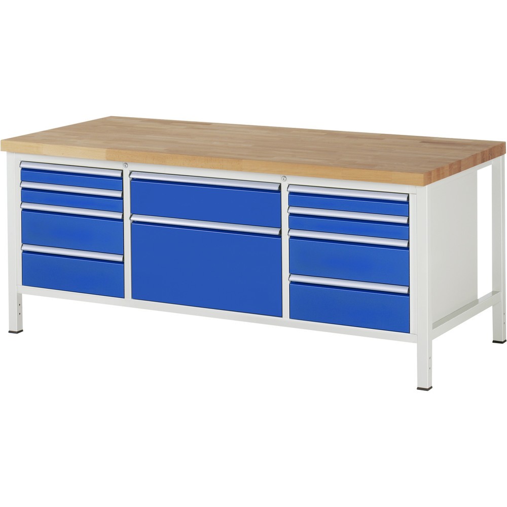 Produktabbildung: RAU Werkbank Serie 8000, 1 Dreifach-Container, HxBxT 840-1.040 x 2.000 x 900 mm, 10 x 90%-Auszug-Schubladen 4 x 90, 5 x 180, 1 x 360 mm, Schubladen-TK 100/75 kg