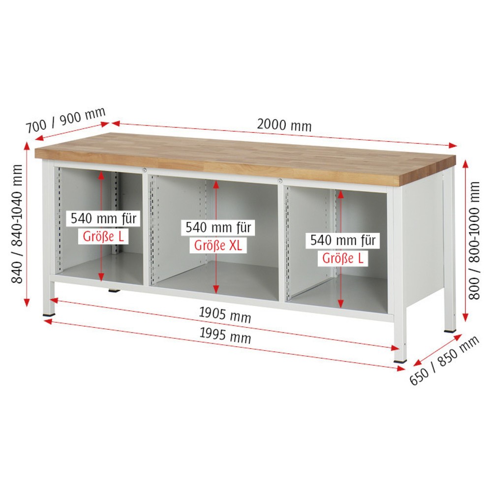 Produktabbildung Nr. 5: RAU Werkbank Serie 8000, 1 Dreifach-Container, 2 Flügeltüren, HxBxT 840-1.040 x 2.000 x 900 mm, 4 x 100%-Auszug-Schubladen
