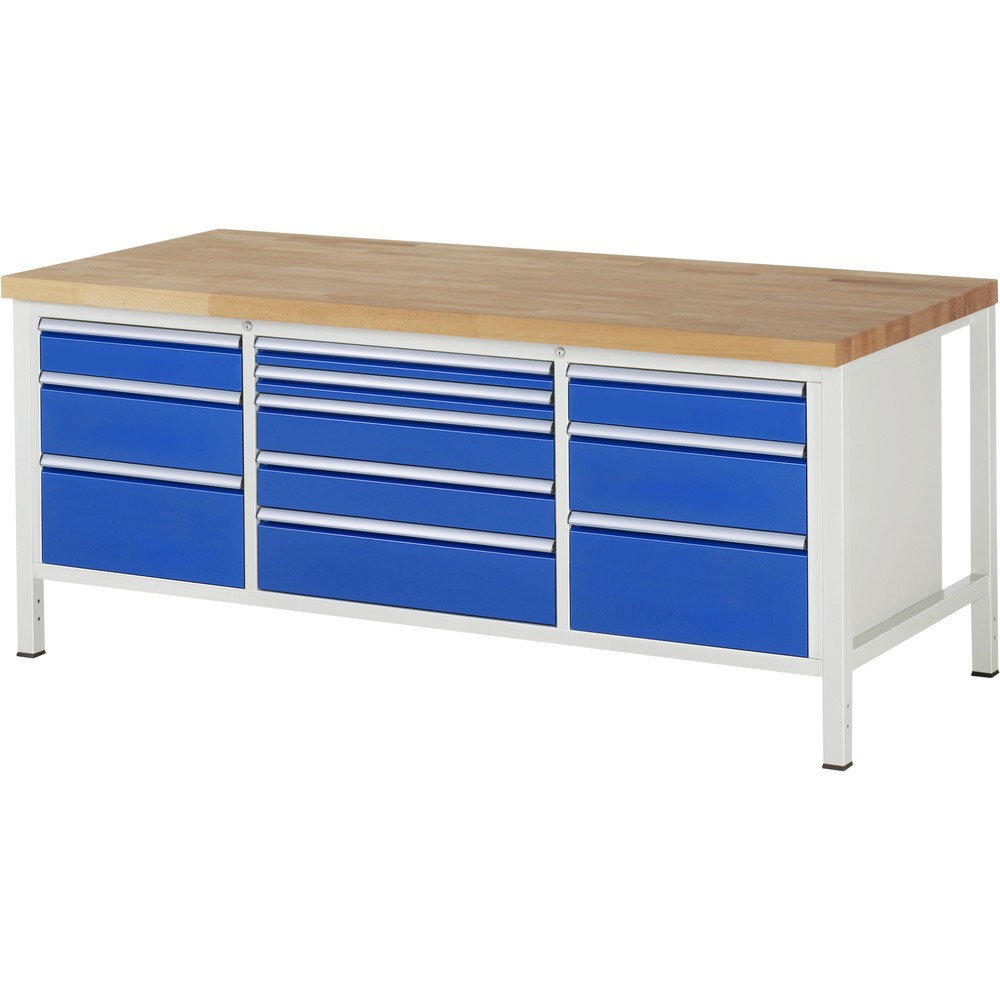Produktabbildung: RAU Werkbank Serie 8000, 1 Dreifach-Container, HxBxT 840-1.040 x 2.000 x 900 mm, 11 Schublade 2 x 60, 4 x 120, 3 x 180, 2 x 240 mm, Schubladen-TK 100/75 kg