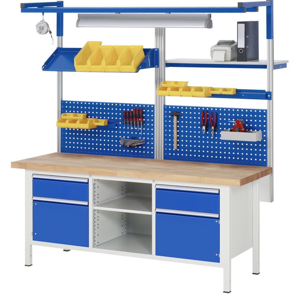 Produktabbildung Nr. 6: RAU Werkbank Serie 8000, 1 Dreifach-Container, 1 Fachboden, 2 Flügeltüren, HxBxT 840-1.040 x 2.000 x 700 mm, 2 x 90%-Auszug-Schubladen, ErgoScript®