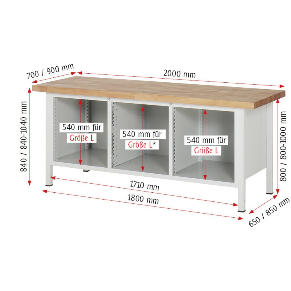 Produktabbildung Nr. 7: RAU Werkbank Serie 8000, 1 Dreifach-Container, 1 Fachboden, 2 Flügeltüren, HxBxT 840-1.040 x 2.000 x 700 mm, 2 x 90%-Auszug-Schubladen, ErgoScript®