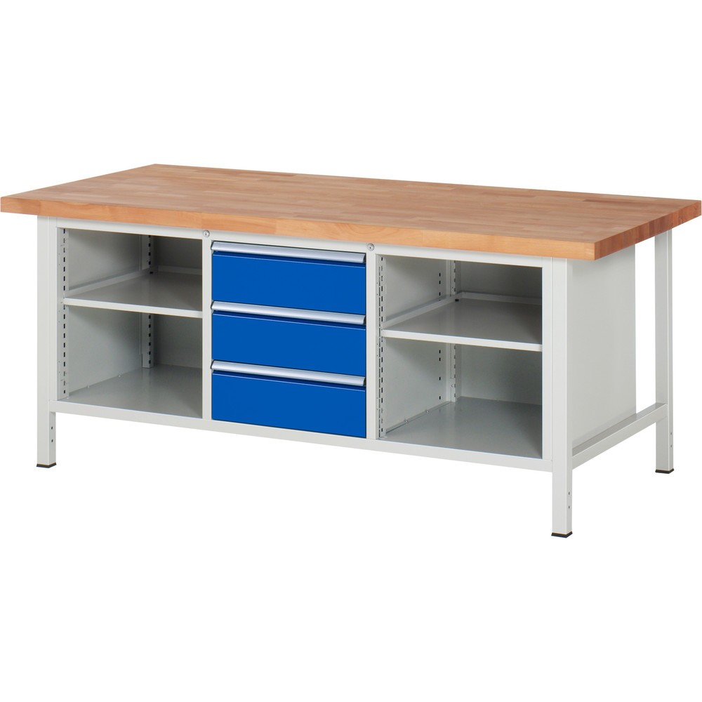 Produktabbildung Nr. 1: RAU Werkbank Serie 8000, 1 Dreifach-Container, 2 Fachböden, HxBxT 840-1.040 x 2.000 x 900 mm, 3 x 100%-Auszug-Schubladen