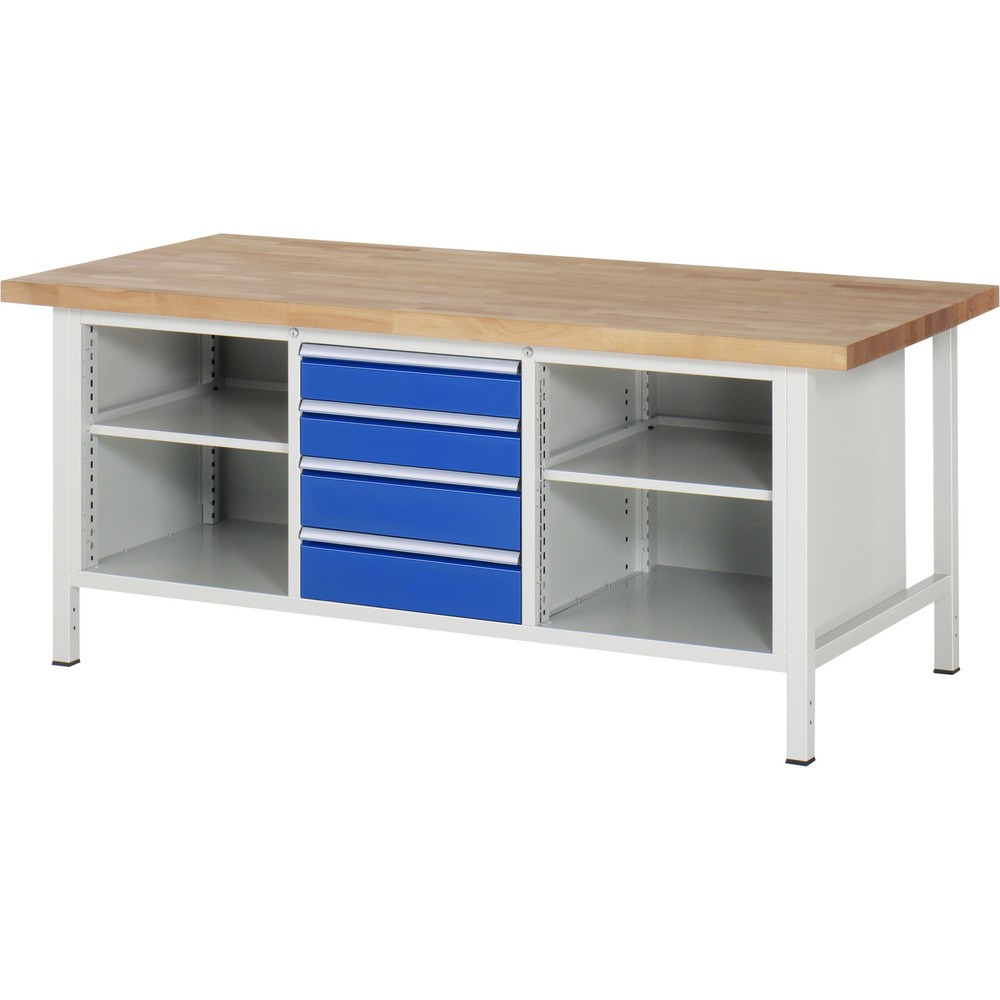 Produktabbildung Nr. 1: RAU Werkbank Serie 8000, 1 Dreifach-Container, 2 Fachböden, HxBxT 840-1.040 x 2.000 x 900 mm, 4 x 100%-Auszug-Schubladen, Schubladen-TK 100 kg