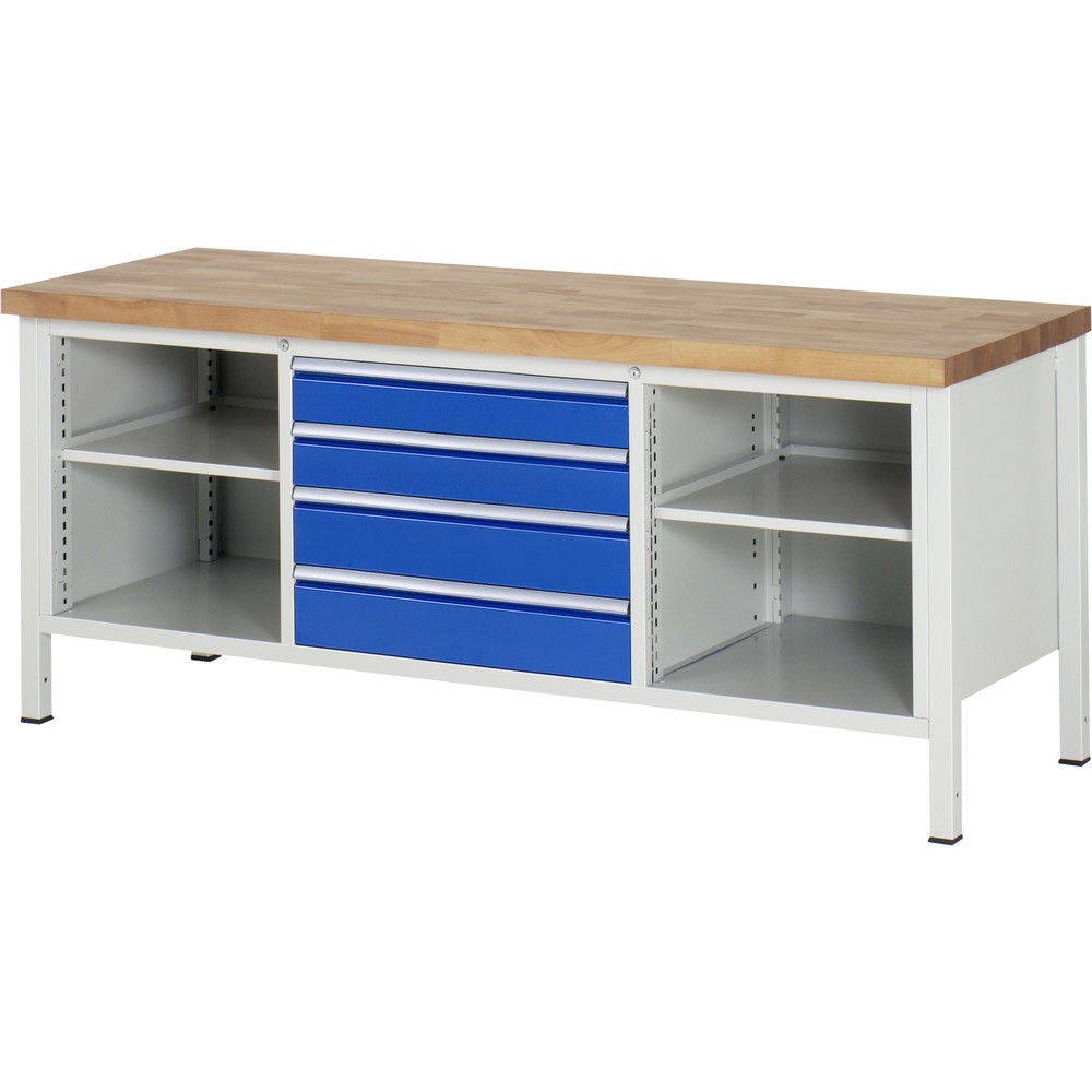 Produktabbildung Nr. 1: RAU Werkbank Serie 8000, 1 Dreifach-Container, 2 Fachböden, HxBxT 840 x 2.000 x 700 mm, 4 x 90%-Auszug-Schubladen, Schubladen-TK 75 kg