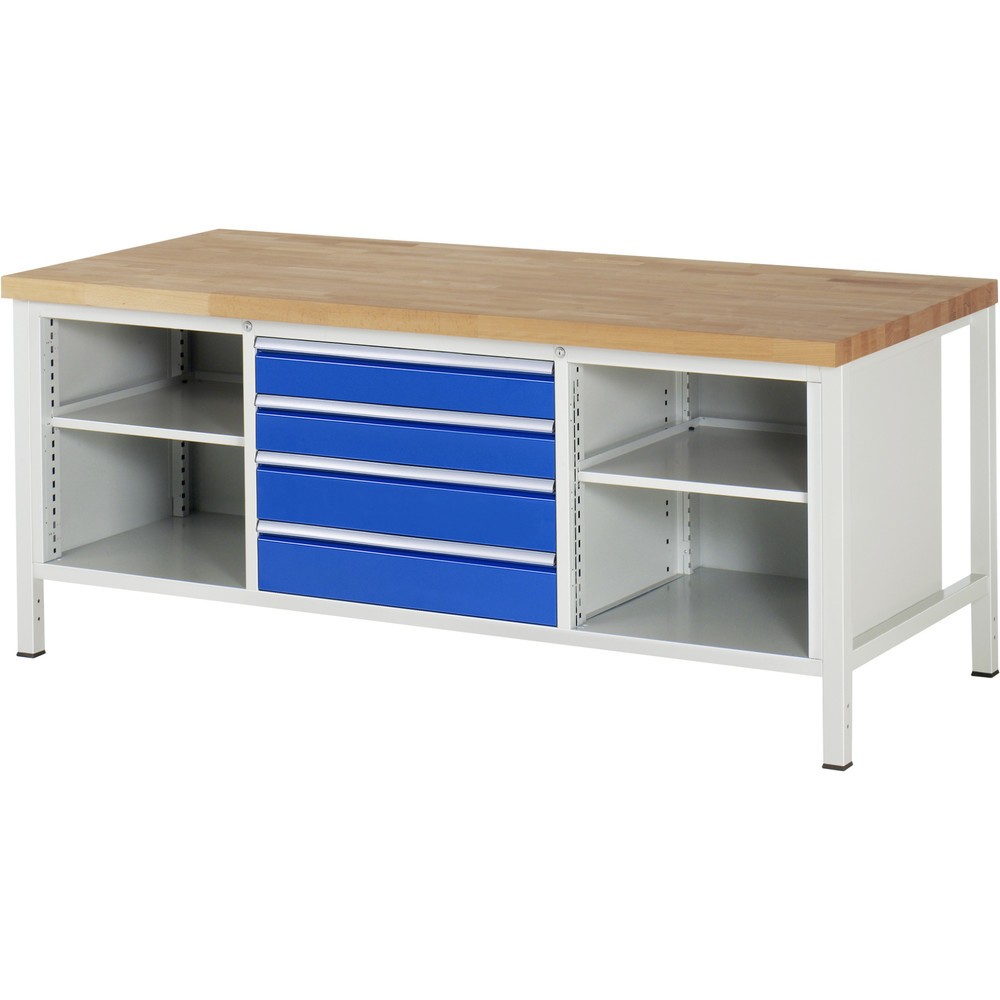 Produktabbildung: RAU Werkbank Serie 8000, 1 Dreifach-Container, 2 Fachböden, HxBxT 840 x 2.000 x 900 mm, 4 x 90%-Auszug-Schubladen, Schubladen-TK 75 kg