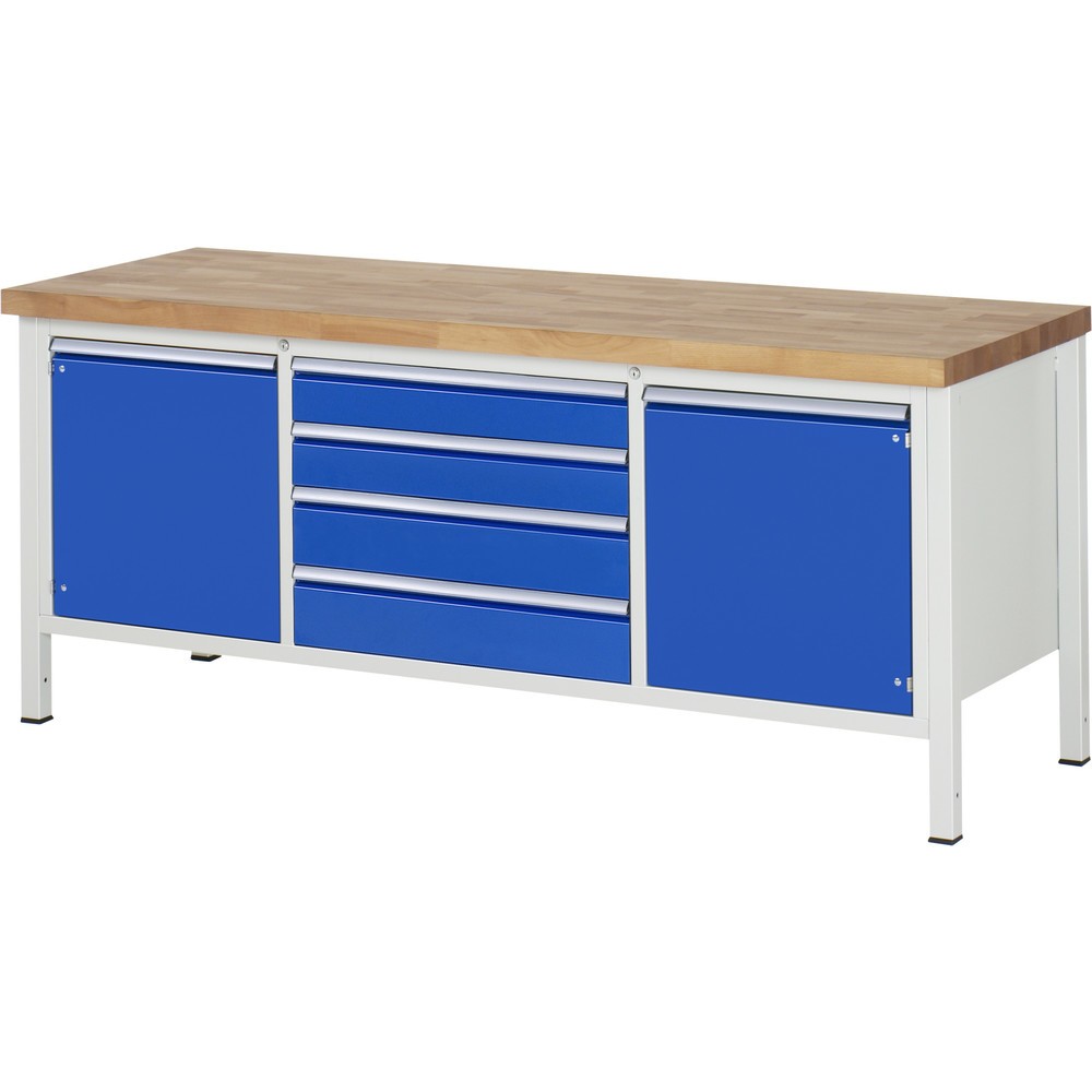 Produktabbildung Nr. 1: RAU Werkbank Serie 8000, 1 Dreifach-Container, 2 Flügeltüren, HxBxT 840-1.040 x 2.000 x 700 mm, 4 x 90%-Auszug-Schubladen