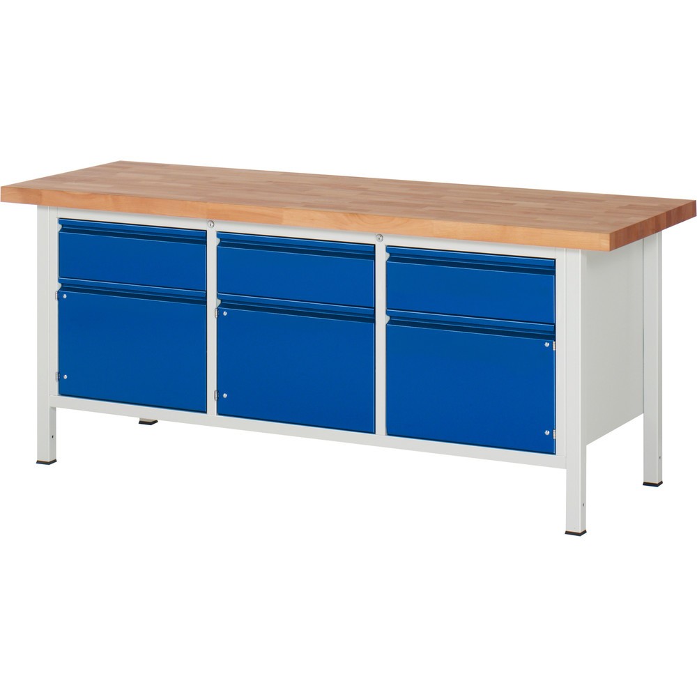 Produktabbildung: RAU Werkbank Serie 8000, 1 Dreifach-Container, 3 Flügeltüren, HxBxT 840-1.040 x 2.000 x 700 mm, 3 x 90%-Auszug-Schubladen, integrierte Griffleiste