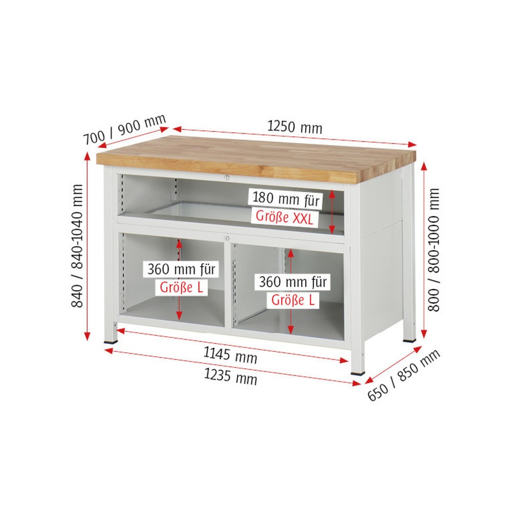 Produktabbildung Nr. 7: RAU Werkbank Serie 8000, 1 Dreifach-Container, HxBxT 840-1.040 x 1.250 x 700 mm, 7 x 90%-Auszug-Schubladen 3 x 60, 4 x 180 mm