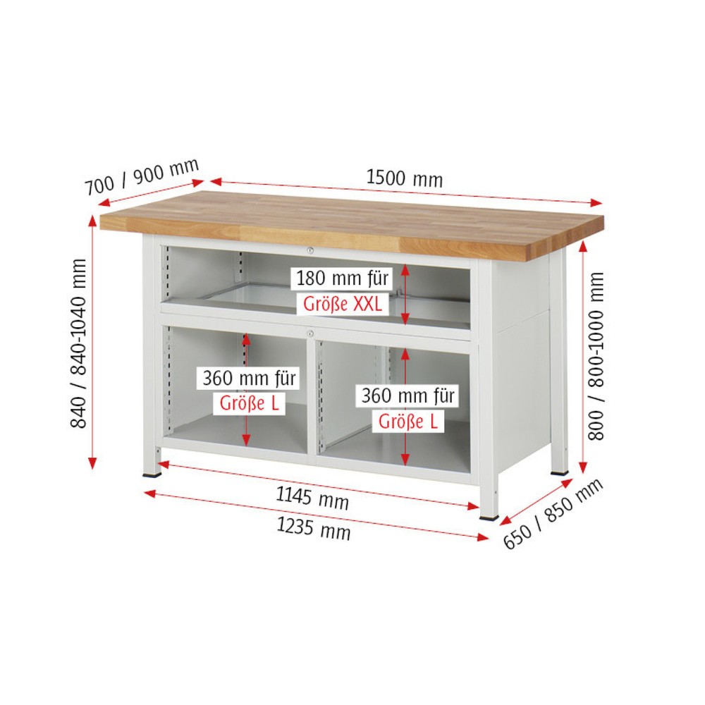 Produktabbildung Nr. 6: RAU Werkbank Serie 8000, 1 Dreifach-Container, HxBxT 840-1.040 x 1.500 x 700 mm, 7 L + 2 XXL Schubladen, 90%-Auszug
