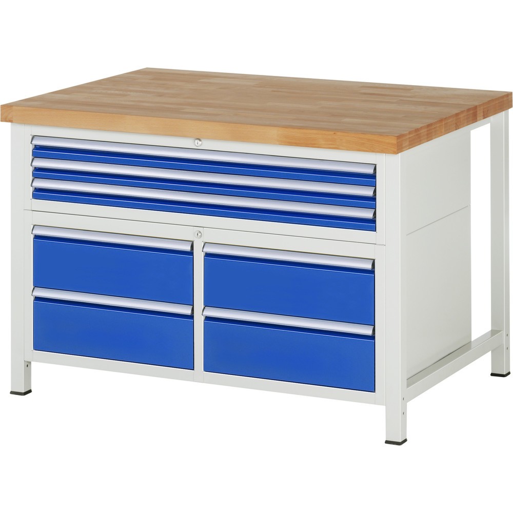 Produktabbildung Nr. 1: RAU Werkbank Serie 8000, 1 Dreifach-Container, HxBxT 840-1.040 x 1.250 x 900 mm, 7 x 100%-Auszug-Schubladen 3 x 60, 4 x 180 mm