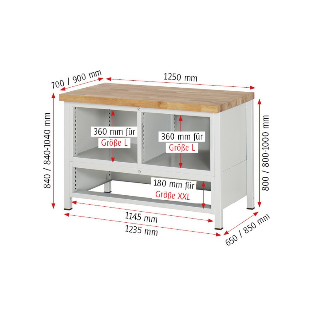 Produktabbildung Nr. 7: RAU Werkbank Serie 8000, 1 Dreifach-Container, HxBxT 840-1.040 x 1.250 x 700 mm, 7 L + 2 XXL Schubladen, 90%-Auszug