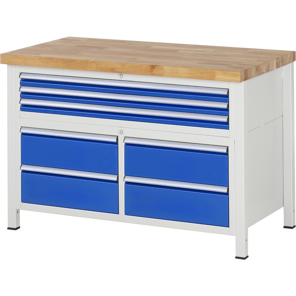 Produktabbildung Nr. 1: RAU Werkbank Serie 8000, 1 Dreifach-Container, HxBxT 840-1.040 x 1.250 x 700 mm, 7 x 90%-Auszug-Schubladen 3 x 60, 4 x 180 mm