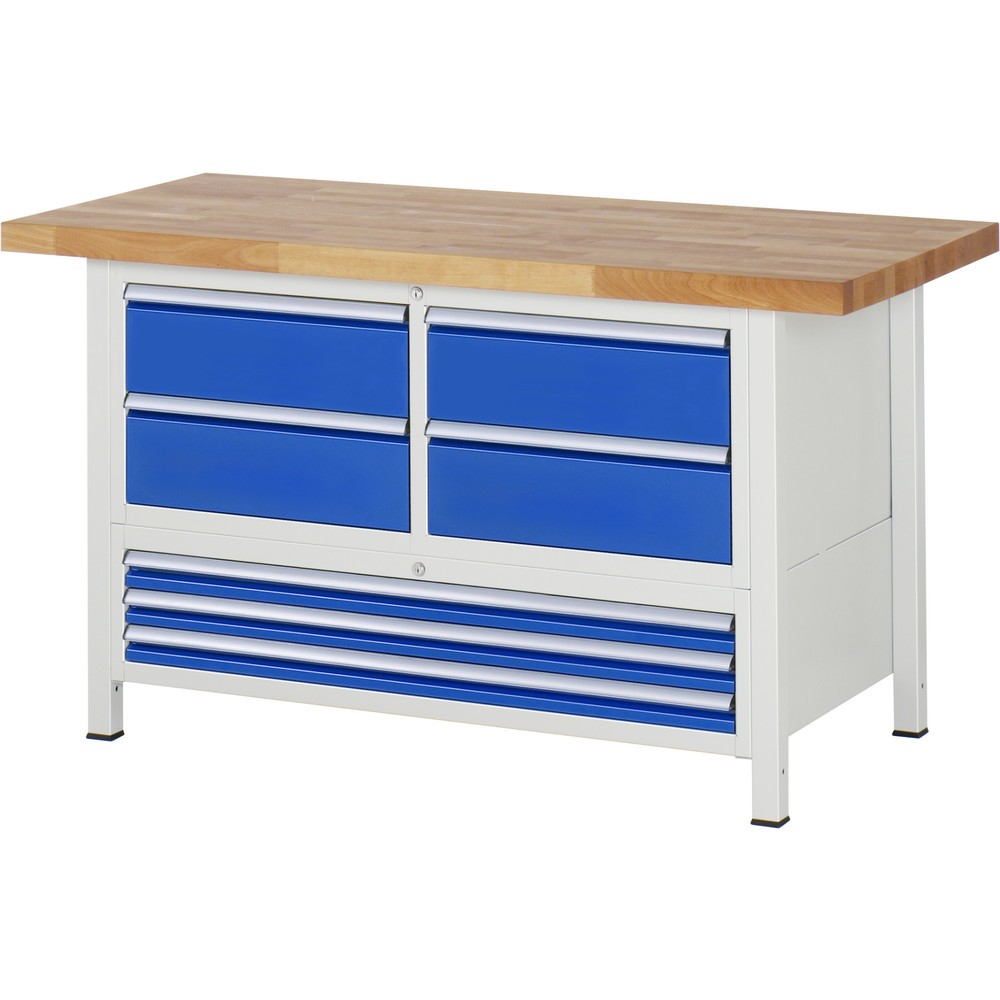Produktabbildung Nr. 1: RAU Werkbank Serie 8000, 1 Dreifach-Container, HxBxT 840-1.040 x 1.500 x 700 mm, 7 x 100%-Auszug-Schubladen 3 x 60, 4 x 180 mm