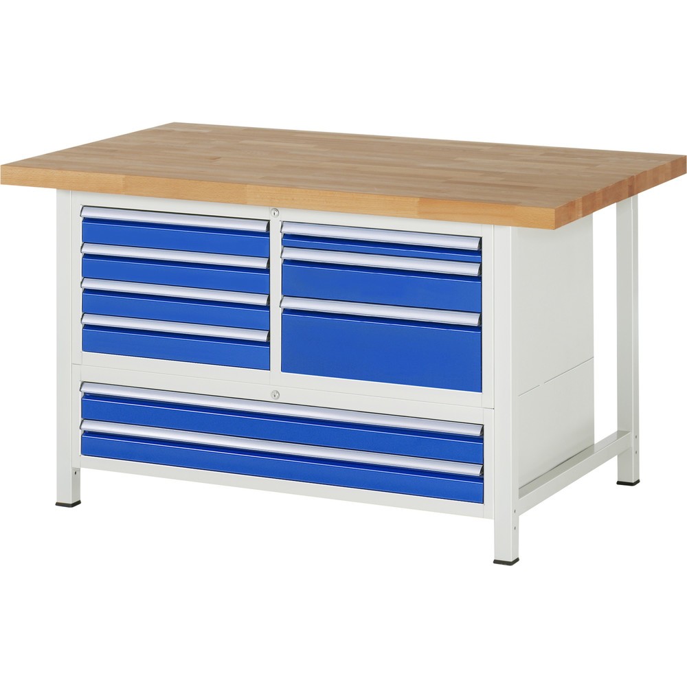 Produktabbildung Nr. 1: RAU Werkbank Serie 8000, 1 Dreifach-Container, HxBxT 840-1.040 x 1.500 x 900 mm, 9 x 100%-Auszug-Schubladen 1 x 60, 6 x 90, 1 x 120, 1 x 180 mm, Breite 490-1.055 mm