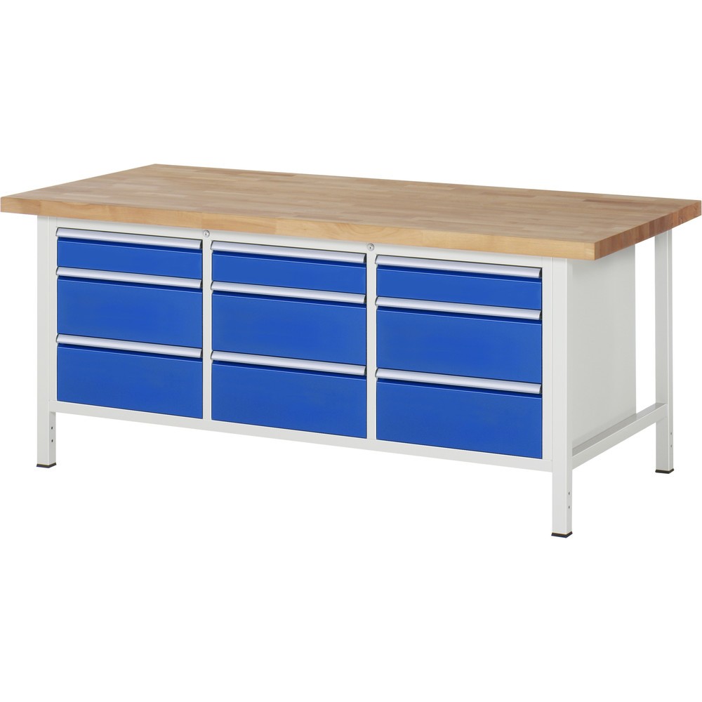 Produktabbildung Nr. 1: RAU Werkbank Serie 8000, 1 Dreifach-Container, HxBxT 840 x 2.000 x 900 mm, 9 x 90%-Auszug-Schubladen 3 x 120, 6 x 210 mm, Schubladen-TK 100 kg