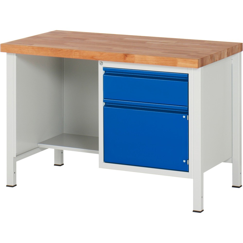 Produktabbildung Nr. 1: RAU Werkbank Serie 8000, 1 Ablageboden, 1 Flügeltür, HxBxT 840-1.040 x 1.250 x 700 mm, 1 x 90%-Auszug-Schublade, Griffleiste