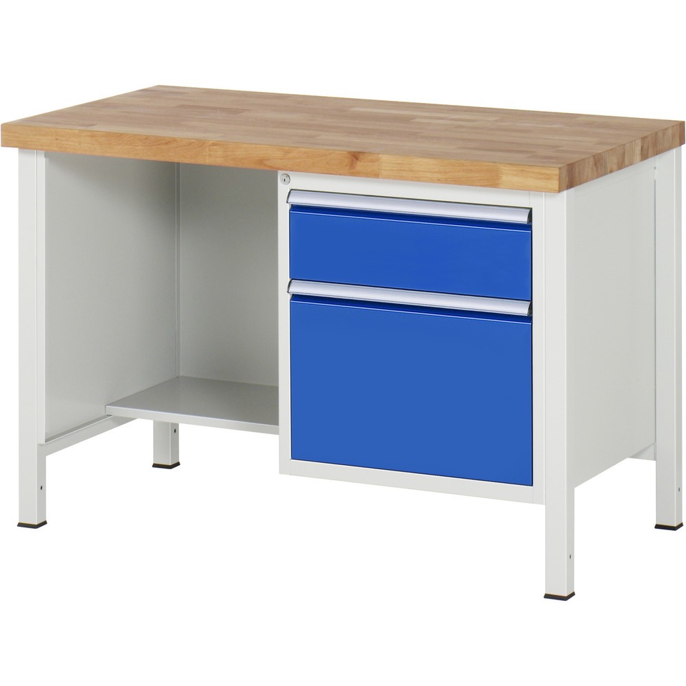 Produktabbildung: RAU Werkbank Serie 8000, 1 Ablageboden, HxBxT 840-1.040 x 1.250 x 700 mm, 2 x 90%-Auszug-Schubladen