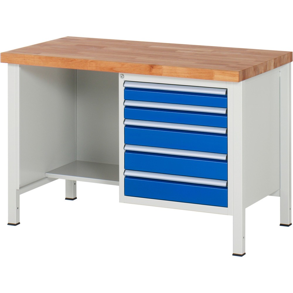 Produktabbildung: RAU Werkbank Serie 8000, 1 Ablageboden, HxBxT 840-1.040 x 1.250 x 700 mm, 5 x 90%-Auszug-Schubladen