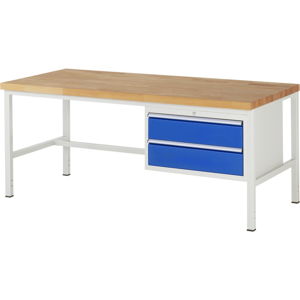 Produktabbildung: RAU Werkbank Serie 8000, HxBxT 840 x 2.000 x 900 mm, 2 x 90%-Auszug-Schubladen 2 x 180 mm, Schubladen-TK 75 kg