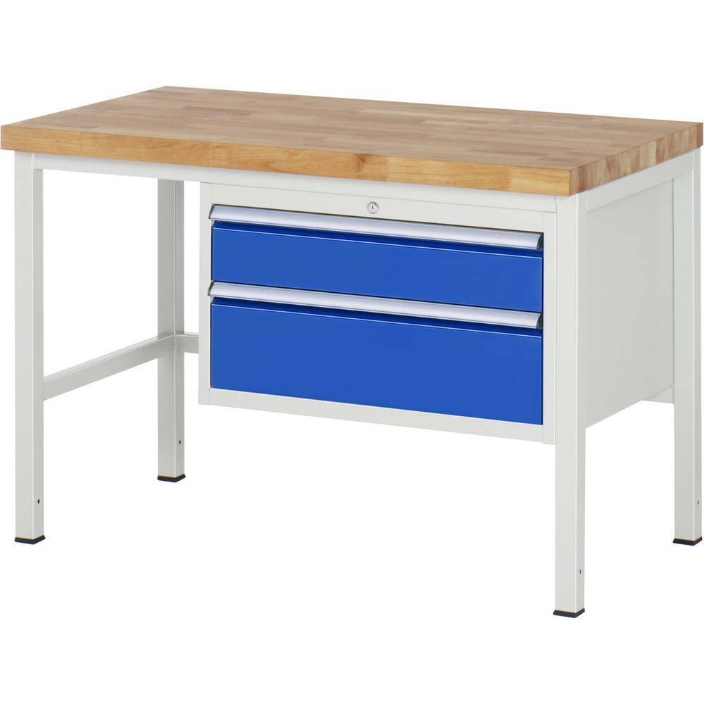 Produktabbildung: RAU Werkbank Serie 8000, HxBxT 840-1.040 x 1.250 x 700 mm, 2 x 90%-Auszug-Schubladen 1 x 150, 1 x 210 mm, Schubladen-TK 75 kg