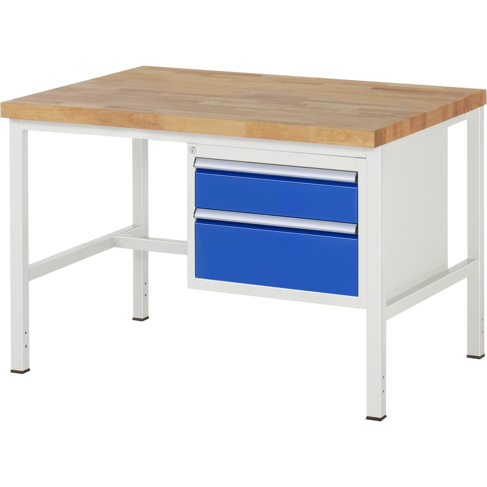 Produktabbildung: RAU Werkbank Serie 8000, HxBxT 840-1.040 x 1.250 x 900 mm, 2 x 90%-Auszug-Schubladen 1 x 150, 1 x 210 mm, Schubladen-TK 100 kg