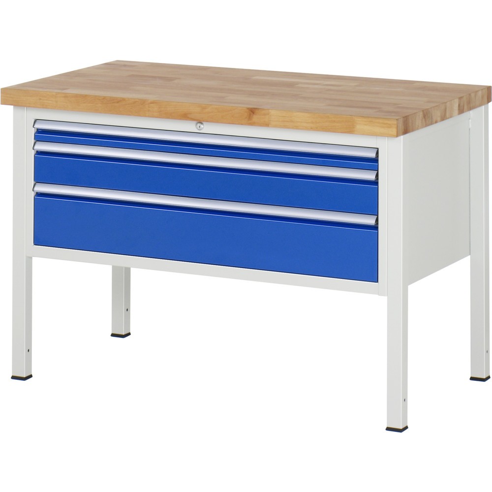 Produktabbildung Nr. 1: RAU Werkbank Serie 8000, HxBxT 840 x 1.250 x 700 mm, 3 x 90%-Auszug-Schubladen 1 x 60, 1 x 120, 1 x 180 mm, Schubladen-TK 50 kg