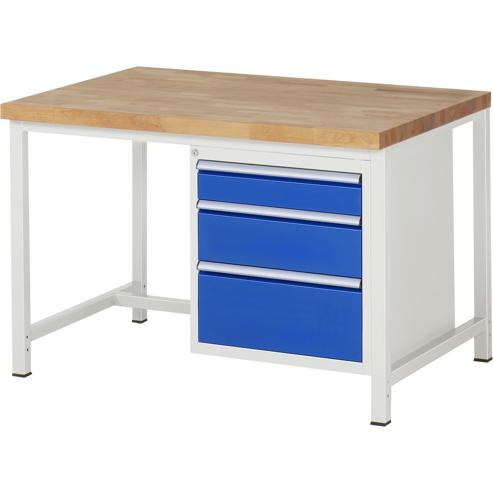 Produktabbildung: RAU Werkbank Serie 8000, HxBxT 840-1.040 x 1.250 x 900 mm, 3 x 90%-Auszug-Schubladen 1 x 120, 1 x 180, 1 x 240 mm, Breite 490 mm