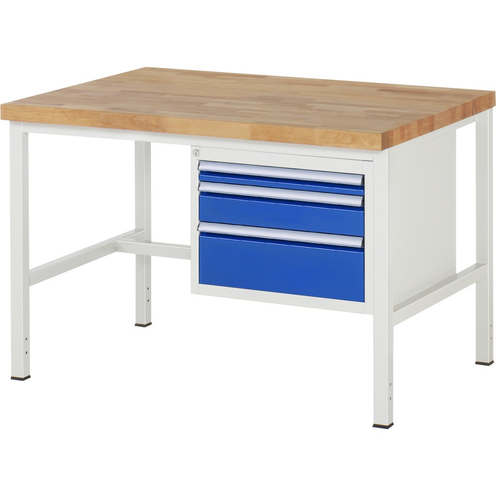 Produktabbildung: RAU Werkbank Serie 8000, HxBxT 840-1.040 x 1.250 x 900 mm, 3 x 90%-Auszug-Schubladen 1 x 60, 1 x 120, 1 x 180 mm, Schubladen-TK 100 kg