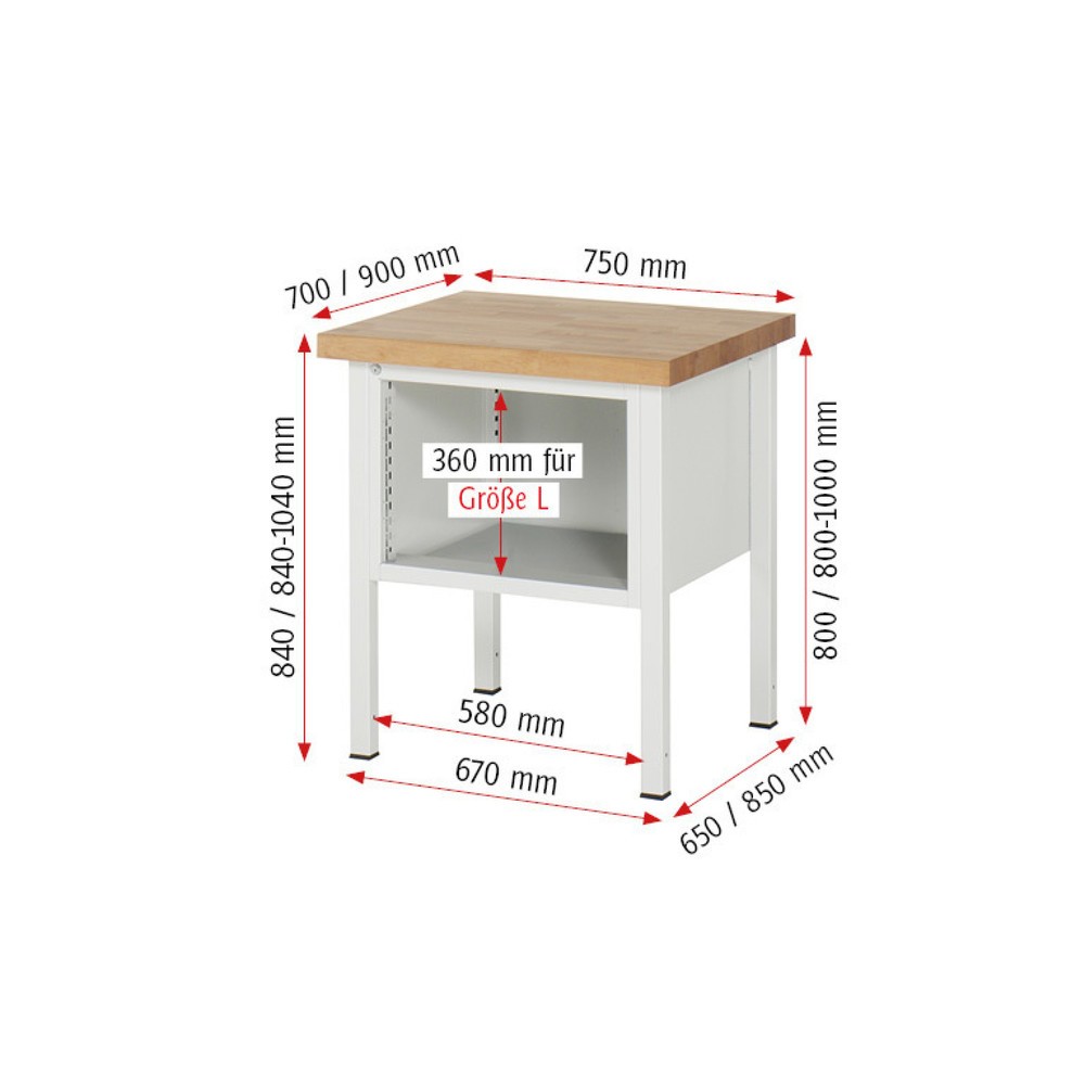 Produktabbildung Nr. 6: RAU Werkbank Serie 8000, HxBxT 840-1.040 x 750 x 700 mm, 2 x 90%-Auszug-Schubladen 1 x 150, 1 x 210 mm, Schubladen-TK 100 kg