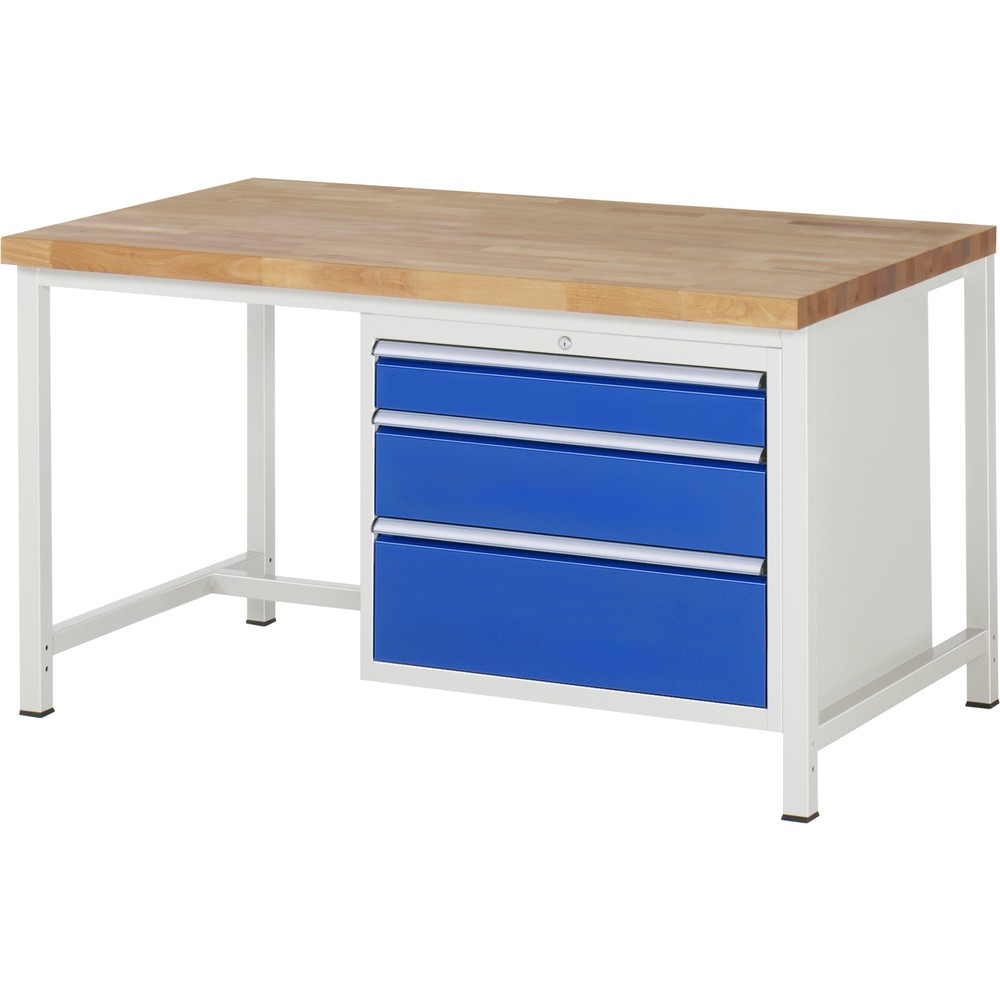 Produktabbildung: RAU Werkbank Serie 8000, HxBxT 840-1.040 x 1.500 x 900 mm, 3 x 100%-Auszug-Schubladen 1 x 120, 1 x 180, 1 x 240 mm, Schubladen-TK 75 kg
