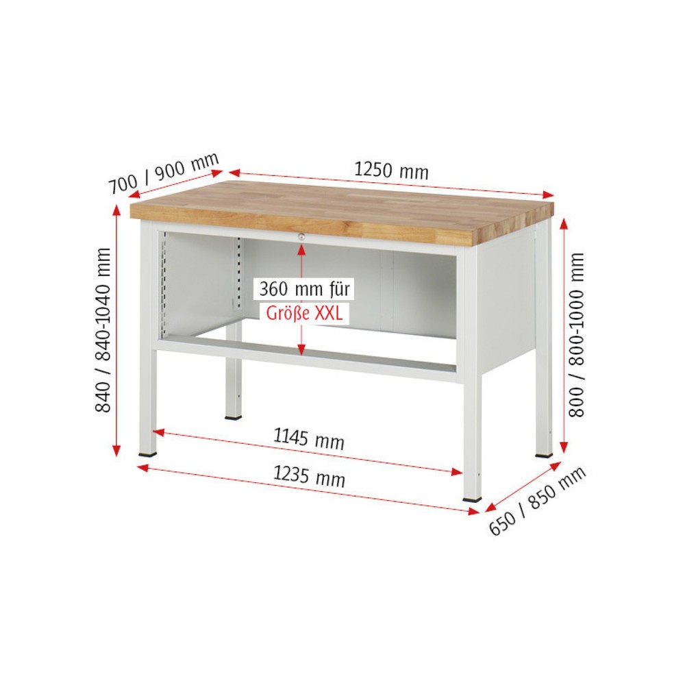 Produktabbildung Nr. 6: RAU Werkbank Serie 8000, HxBxT 840 x 1.250 x 700 mm, 2 x 90%-Auszug-Schubladen 2 x 180 mm, Schubladen-TK 50 kg