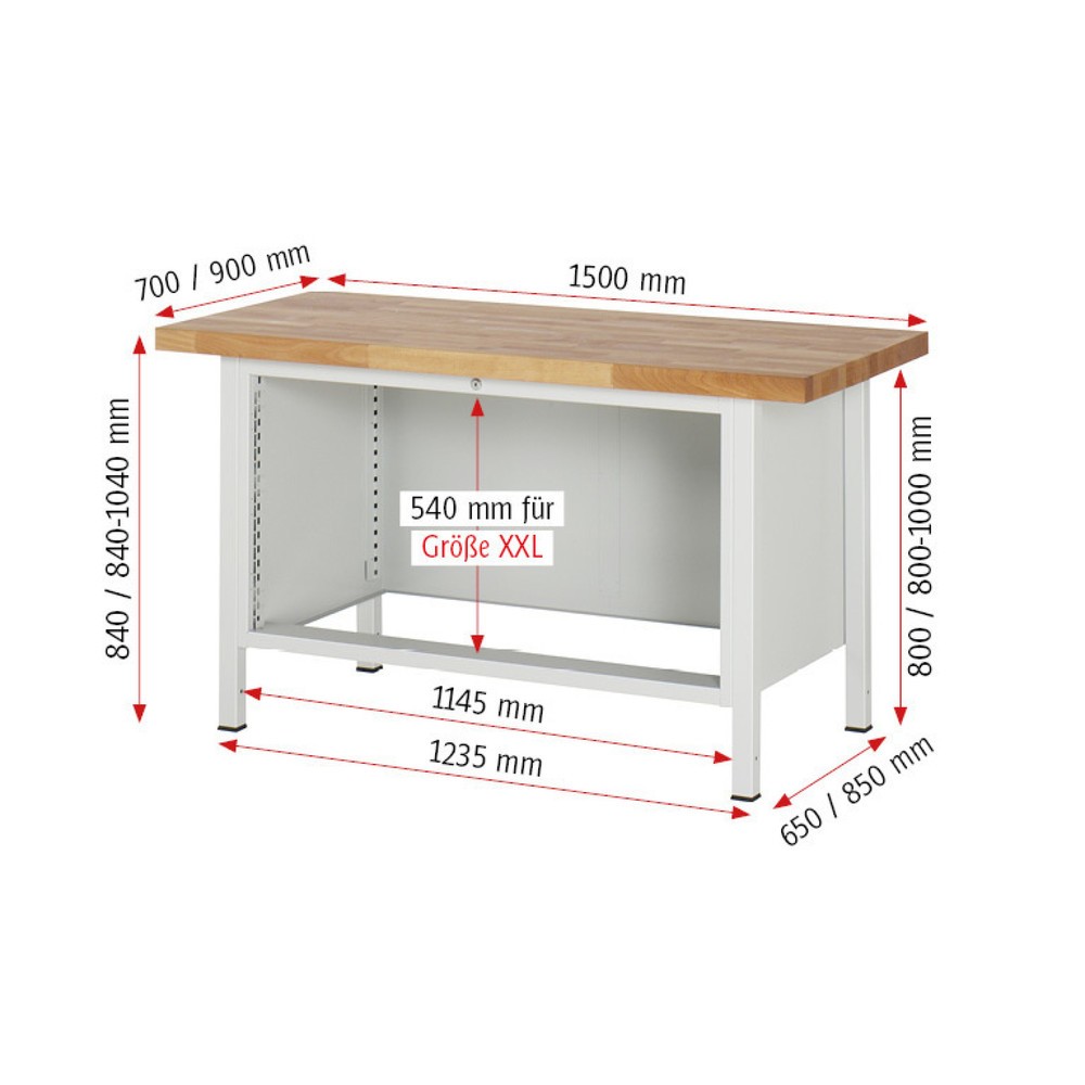 Produktabbildung Nr. 6: RAU Werkbank Serie 8000, HxBxT 840-1.040 x 1.500 x 700 mm, 4 x 90%-Auszug-Schubladen 2 x 90, 2 x 180 mm, Breite 1.055 mm